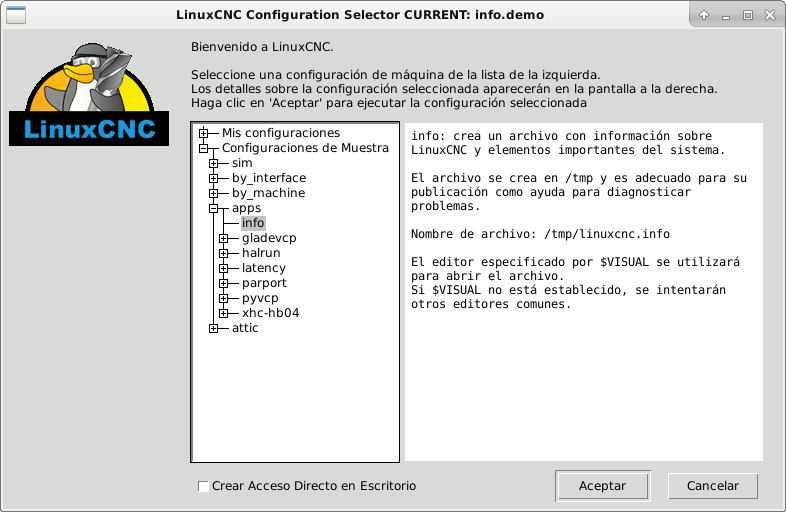Selector de configuración de LinuxCNC