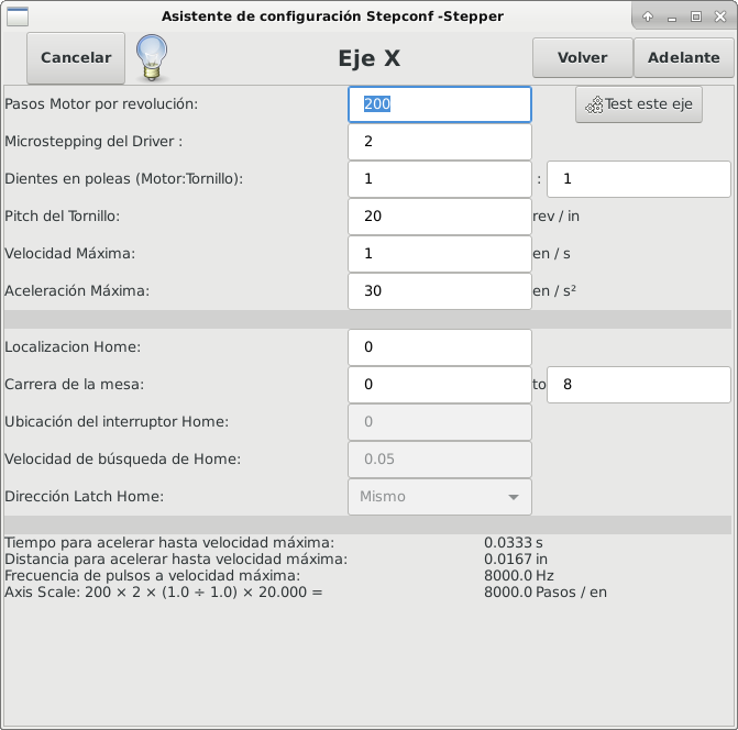 Página de configuración del eje X