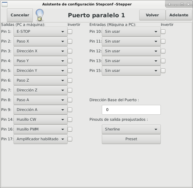 Página de ajuste del puerto paralelo 1