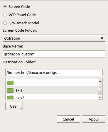 QtVCP Kopierdialog - Bildschirm, Panel oder Vismach Code Copy Panel