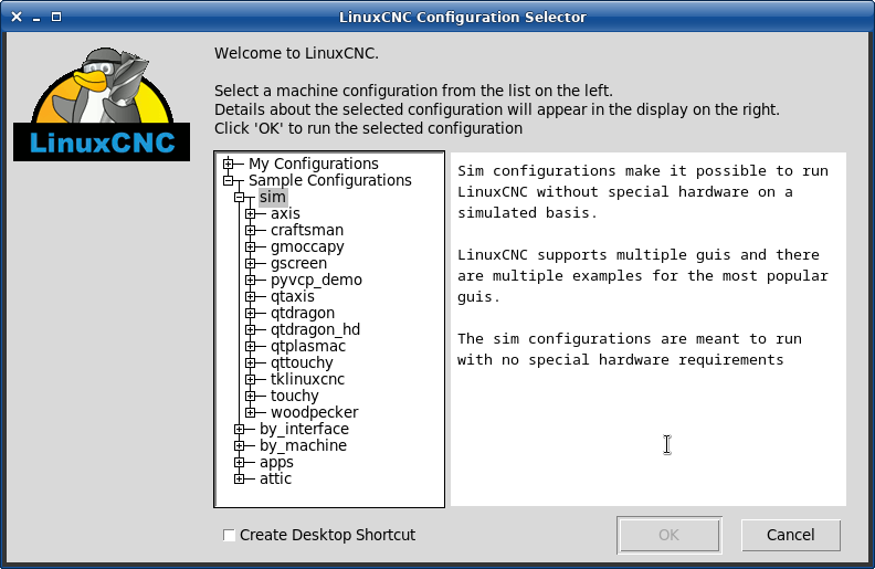 Селектор конфигурации LinuxCNC