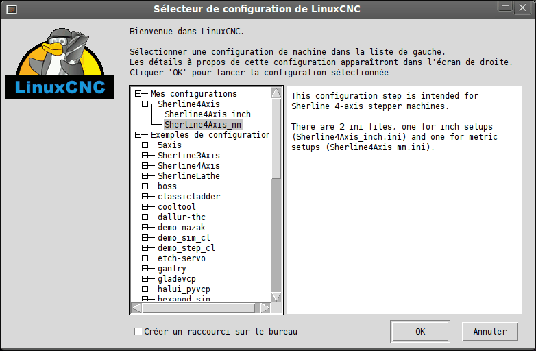 Sélecteur de configuration de LinuxCNC