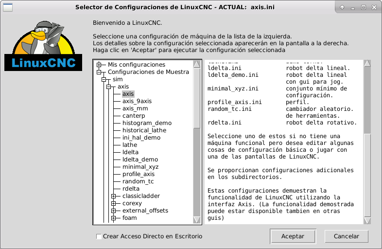 Selector de Configuración de LinuxCNC